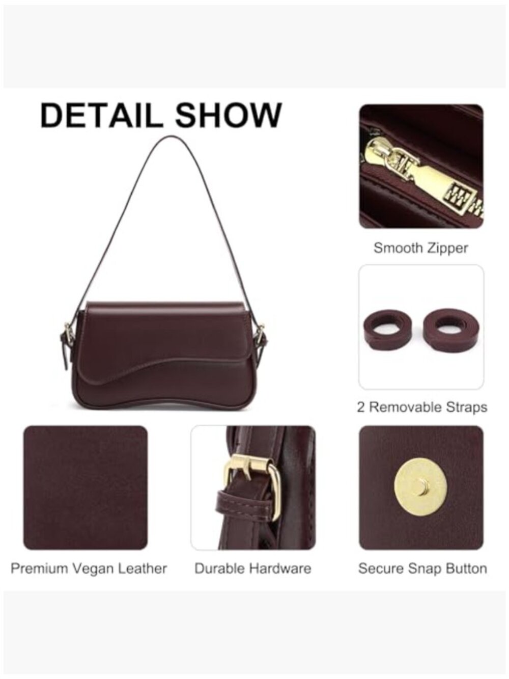 Vegan Leather Crossbody Bag with Adjustable Straps, Compact Hobo Purse - Picture 5 of 6